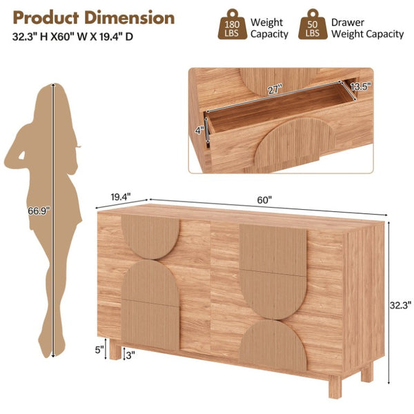 English Elm 6 Drawer Fluted Wood Dresser with Elevated Legs Mid-Century Storage for Bedroom or Hallway Walnut Brown N739C000004N