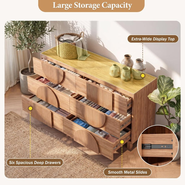 English Elm 6 Drawer Fluted Wood Dresser with Elevated Legs Mid-Century Storage for Bedroom or Hallway Walnut Brown N739C000004N