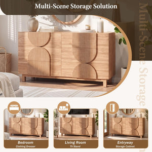 English Elm 6 Drawer Fluted Wood Dresser with Elevated Legs Mid-Century Storage for Bedroom or Hallway Walnut Brown N739C000004N
