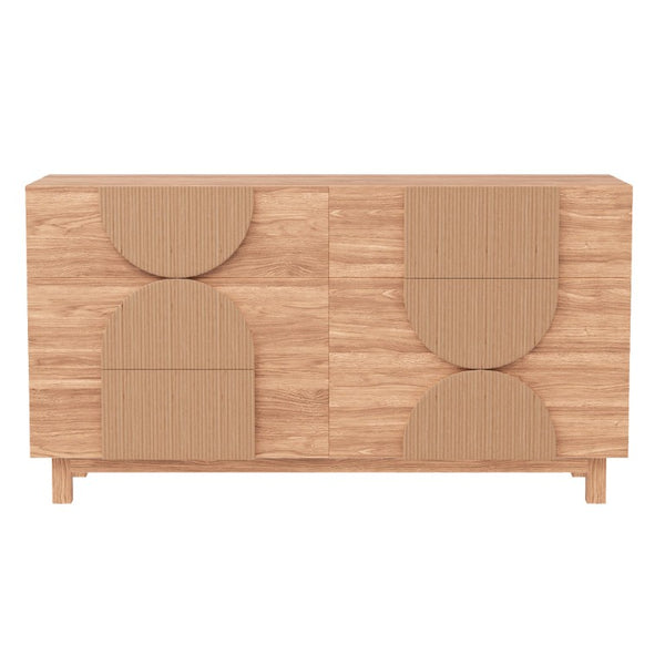 English Elm 6 Drawer Fluted Wood Dresser with Elevated Legs Mid-Century Storage for Bedroom or Hallway Walnut Brown N739C000004N