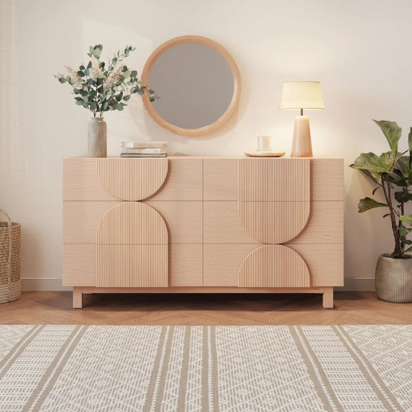 English Elm 6 Drawer Fluted Wood Dresser with Elevated Legs Mid-Century Storage for Bedroom or Hallway Light Natural Brown N739C000004W