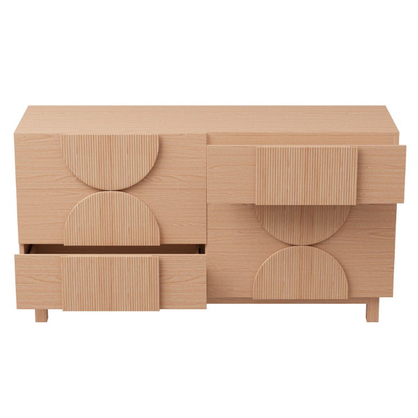 English Elm 6 Drawer Fluted Wood Dresser with Elevated Legs Mid-Century Storage for Bedroom or Hallway Light Natural Brown N739C000004W