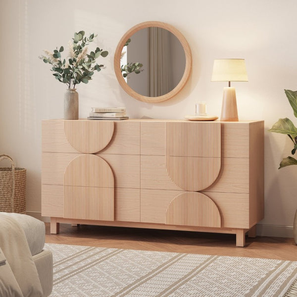 English Elm 6 Drawer Fluted Wood Dresser with Elevated Legs Mid-Century Storage for Bedroom or Hallway Light Natural Brown N739C000004W