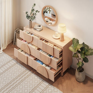 English Elm 6 Drawer Fluted Wood Dresser with Elevated Legs Mid-Century Storage for Bedroom or Hallway Light Natural Brown N739C000004W