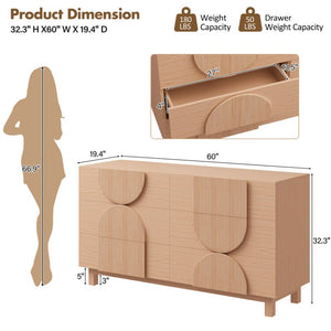 English Elm 6 Drawer Fluted Wood Dresser with Elevated Legs Mid-Century Storage for Bedroom or Hallway Light Natural Brown N739C000004W