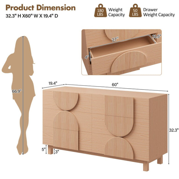 English Elm 6 Drawer Fluted Wood Dresser with Elevated Legs Mid-Century Storage for Bedroom or Hallway Light Natural Brown N739C000004W