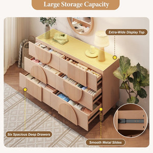 English Elm 6 Drawer Fluted Wood Dresser with Elevated Legs Mid-Century Storage for Bedroom or Hallway Light Natural Brown N739C000004W