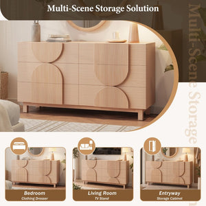 English Elm 6 Drawer Fluted Wood Dresser with Elevated Legs Mid-Century Storage for Bedroom or Hallway Light Natural Brown N739C000004W
