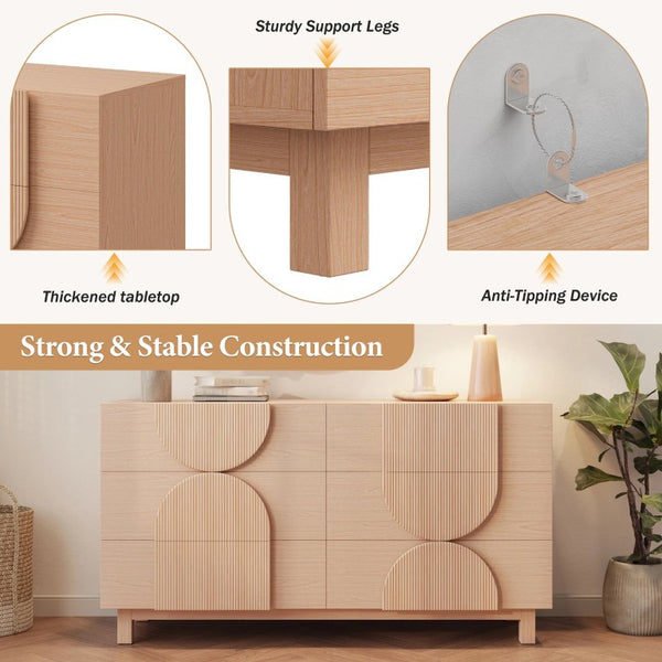English Elm 6 Drawer Fluted Wood Dresser with Elevated Legs Mid-Century Storage for Bedroom or Hallway Light Natural Brown N739C000004W