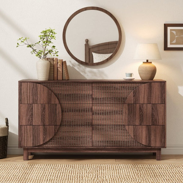 English Elm Modern Fluted Six Drawer Dresser Engineered Wood Storage Chest for Bedroom or Entryway Walnut Brown N739C000005D