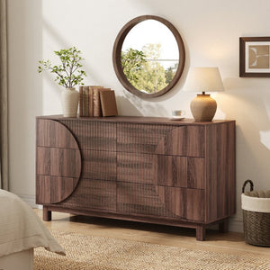 English Elm Modern Fluted Six Drawer Dresser Engineered Wood Storage Chest for Bedroom or Entryway Walnut Brown N739C000005D