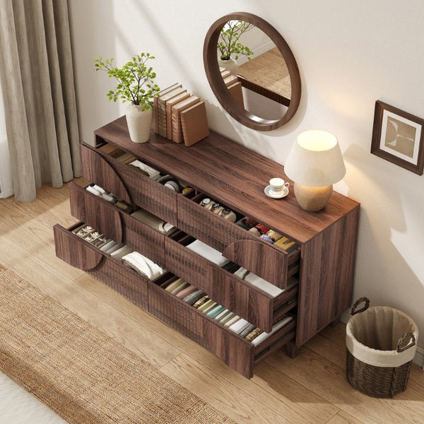 English Elm Modern Fluted Six Drawer Dresser Engineered Wood Storage Chest for Bedroom or Entryway Walnut Brown N739C000005D