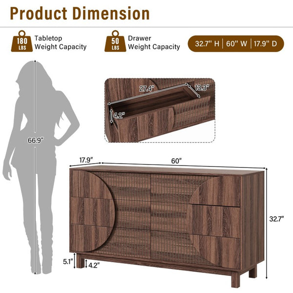 English Elm Modern Fluted Six Drawer Dresser Engineered Wood Storage Chest for Bedroom or Entryway Walnut Brown N739C000005D