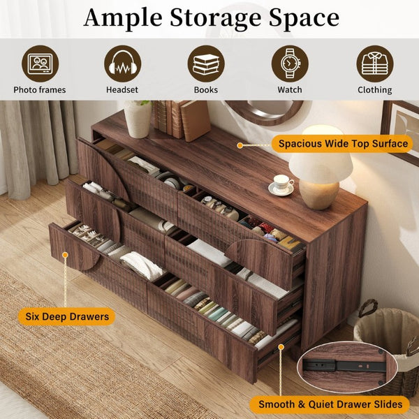 English Elm Modern Fluted Six Drawer Dresser Engineered Wood Storage Chest for Bedroom or Entryway Walnut Brown N739C000005D