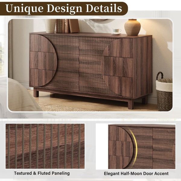 English Elm Modern Fluted Six Drawer Dresser Engineered Wood Storage Chest for Bedroom or Entryway Walnut Brown N739C000005D