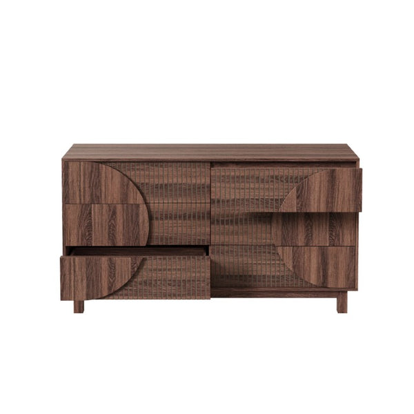 English Elm Modern Fluted Six Drawer Dresser Engineered Wood Storage Chest for Bedroom or Entryway Walnut Brown N739C000005D