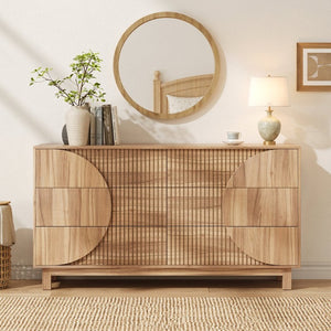 English Elm Modern Fluted Six Drawer Dresser Engineered Wood Storage Chest for Bedroom or Entryway Light Natural Brown N739C000005N