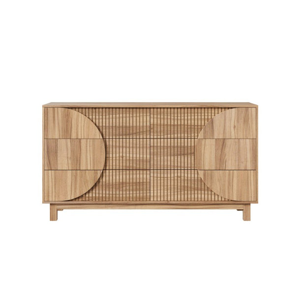 English Elm Modern Fluted Six Drawer Dresser Engineered Wood Storage Chest for Bedroom or Entryway Light Natural Brown N739C000005N