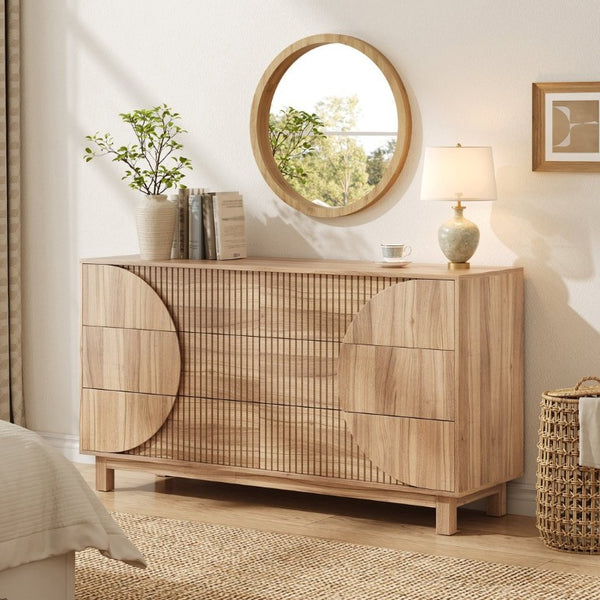 English Elm Modern Fluted Six Drawer Dresser Engineered Wood Storage Chest for Bedroom or Entryway Light Natural Brown N739C000005N