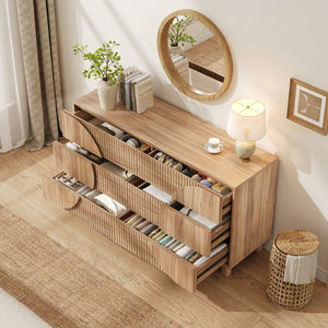 English Elm Modern Fluted Six Drawer Dresser Engineered Wood Storage Chest for Bedroom or Entryway Light Natural Brown N739C000005N