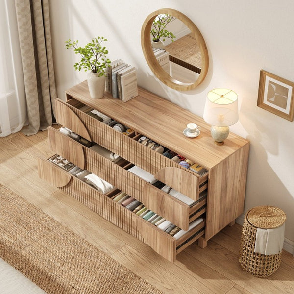 English Elm Modern Fluted Six Drawer Dresser Engineered Wood Storage Chest for Bedroom or Entryway Light Natural Brown N739C000005N