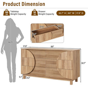 English Elm Modern Fluted Six Drawer Dresser Engineered Wood Storage Chest for Bedroom or Entryway Light Natural Brown N739C000005N