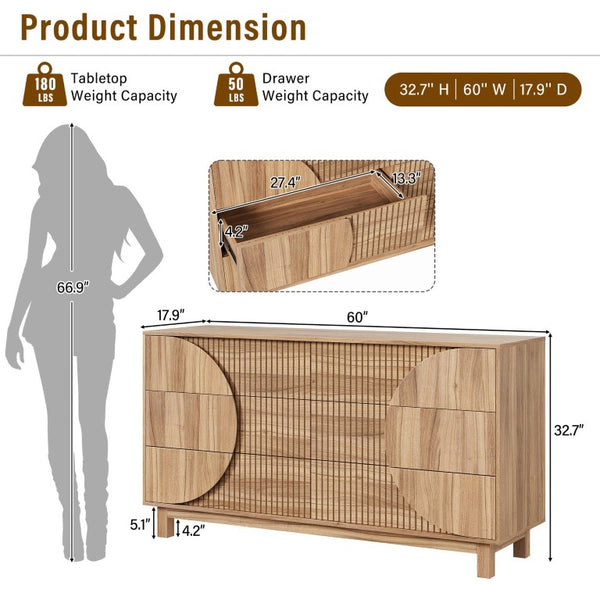 English Elm Modern Fluted Six Drawer Dresser Engineered Wood Storage Chest for Bedroom or Entryway Light Natural Brown N739C000005N