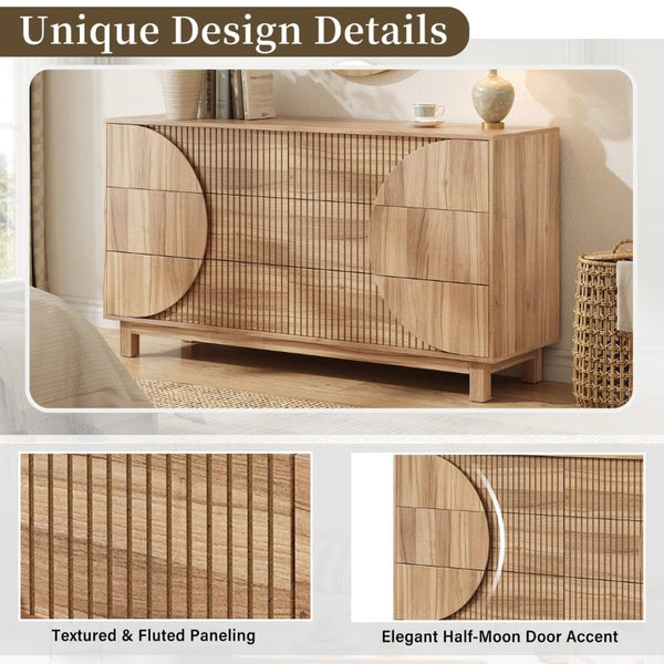 English Elm Modern Fluted Six Drawer Dresser Engineered Wood Storage Chest for Bedroom or Entryway Light Natural Brown N739C000005N