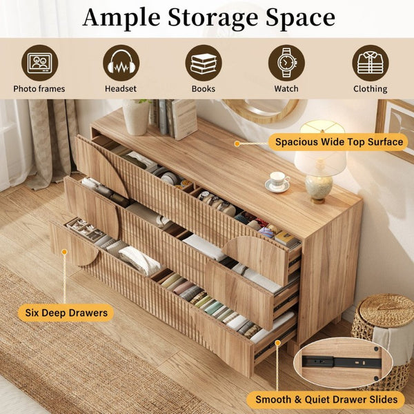 English Elm Modern Fluted Six Drawer Dresser Engineered Wood Storage Chest for Bedroom or Entryway Light Natural Brown N739C000005N
