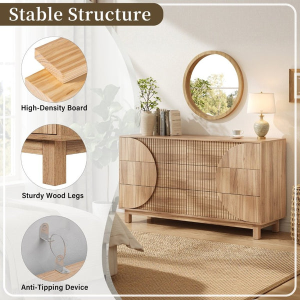 English Elm Modern Fluted Six Drawer Dresser Engineered Wood Storage Chest for Bedroom or Entryway Light Natural Brown N739C000005N