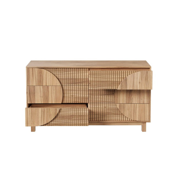 English Elm Modern Fluted Six Drawer Dresser Engineered Wood Storage Chest for Bedroom or Entryway Light Natural Brown N739C000005N