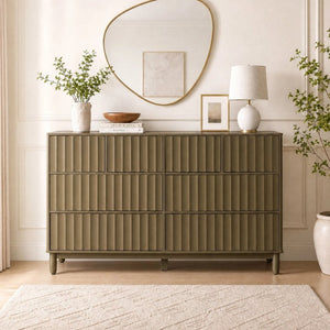 English Elm Mid Century Fluted 8 Drawer Dresser with Push Open Design and Solid Wood Legs Olive Green N739SC00003F