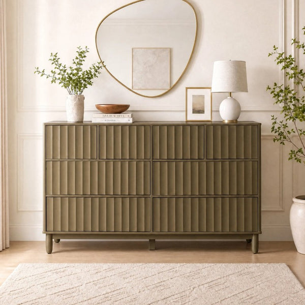 English Elm Mid Century Fluted 8 Drawer Dresser with Push Open Design and Solid Wood Legs Olive Green N739SC00003F