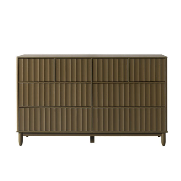 English Elm Mid Century Fluted 8 Drawer Dresser with Push Open Design and Solid Wood Legs Olive Green N739SC00003F