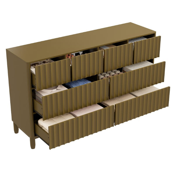 English Elm Mid Century Fluted 8 Drawer Dresser with Push Open Design and Solid Wood Legs Olive Green N739SC00003F