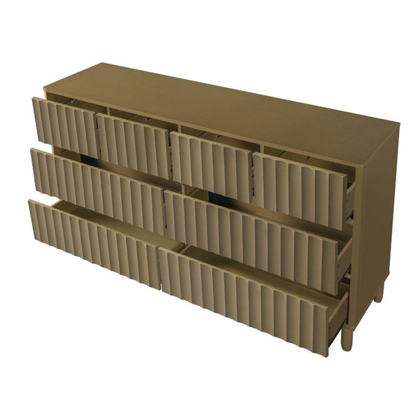 English Elm Mid Century Fluted 8 Drawer Dresser with Push Open Design and Solid Wood Legs Olive Green N739SC00003F