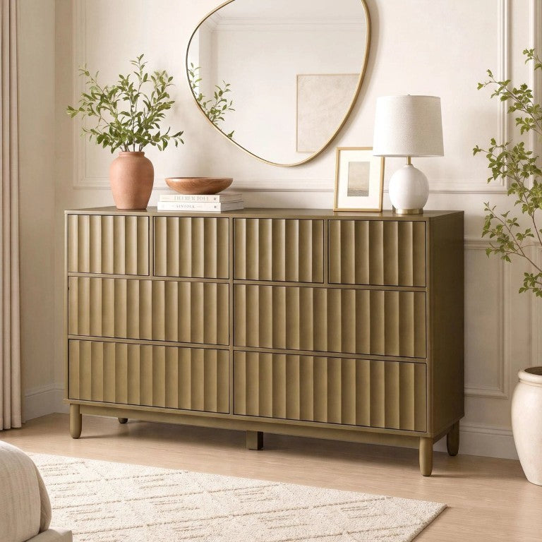 English Elm Mid Century Fluted 8 Drawer Dresser with Push Open Design and Solid Wood Legs Olive Green N739SC00003F