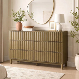 English Elm Mid Century Fluted 8 Drawer Dresser with Push Open Design and Solid Wood Legs Olive Green N739SC00003F