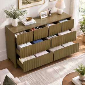 English Elm Mid Century Fluted 8 Drawer Dresser with Push Open Design and Solid Wood Legs Olive Green N739SC00003F