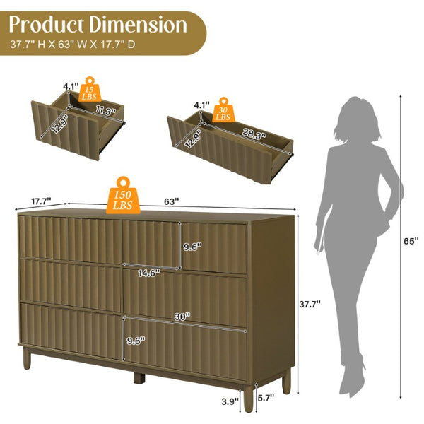 English Elm Mid Century Fluted 8 Drawer Dresser with Push Open Design and Solid Wood Legs Olive Green N739SC00003F