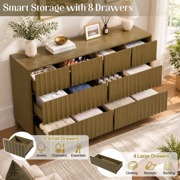 English Elm Mid Century Fluted 8 Drawer Dresser with Push Open Design and Solid Wood Legs Olive Green N739SC00003F