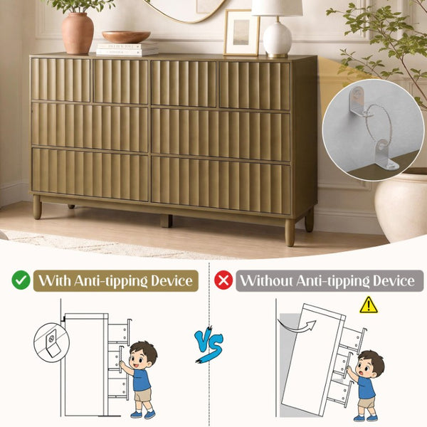 English Elm Mid Century Fluted 8 Drawer Dresser with Push Open Design and Solid Wood Legs Olive Green N739SC00003F