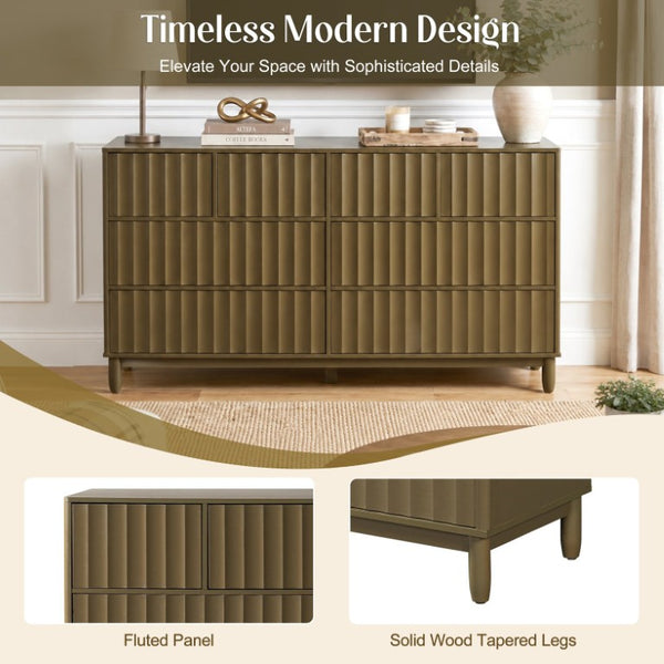 English Elm Mid Century Fluted 8 Drawer Dresser with Push Open Design and Solid Wood Legs Olive Green N739SC00003F