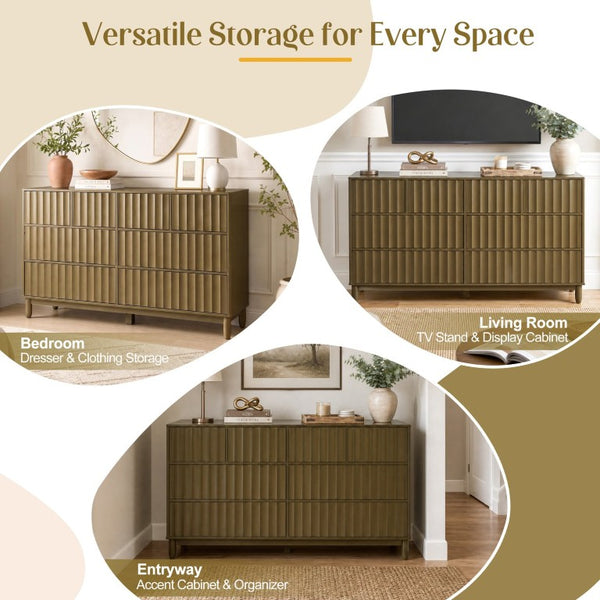English Elm Mid Century Fluted 8 Drawer Dresser with Push Open Design and Solid Wood Legs Olive Green N739SC00003F