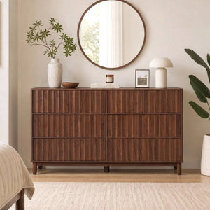 English Elm Mid Century Fluted 8 Drawer Dresser with Push Open Design and Solid Wood Legs Walnut Brown N739SC00003N