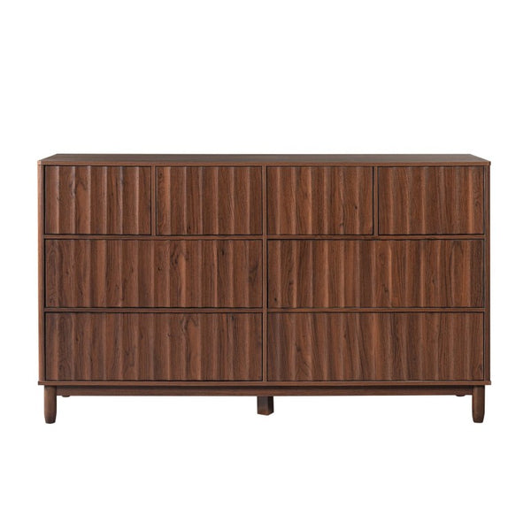 English Elm Mid Century Fluted 8 Drawer Dresser with Push Open Design and Solid Wood Legs Walnut Brown N739SC00003N