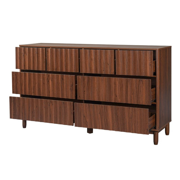 English Elm Mid Century Fluted 8 Drawer Dresser with Push Open Design and Solid Wood Legs Walnut Brown N739SC00003N