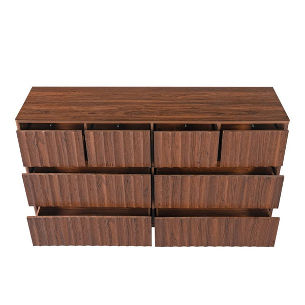 English Elm Mid Century Fluted 8 Drawer Dresser with Push Open Design and Solid Wood Legs Walnut Brown N739SC00003N