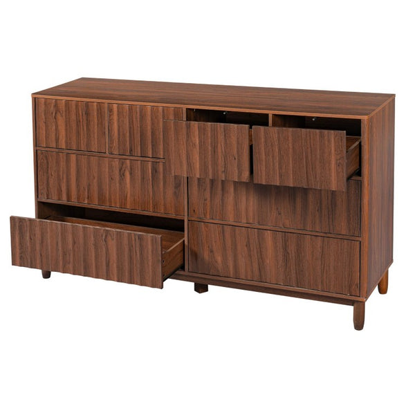 English Elm Mid Century Fluted 8 Drawer Dresser with Push Open Design and Solid Wood Legs Walnut Brown N739SC00003N