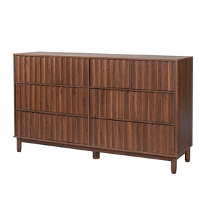 English Elm Mid Century Fluted 8 Drawer Dresser with Push Open Design and Solid Wood Legs Walnut Brown N739SC00003N